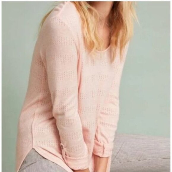 Anthropologie  Akemi + Kin Pink Sylvie Pointelle Knit Long Sleeve Roll Tab Top S - Picture 1 of 16